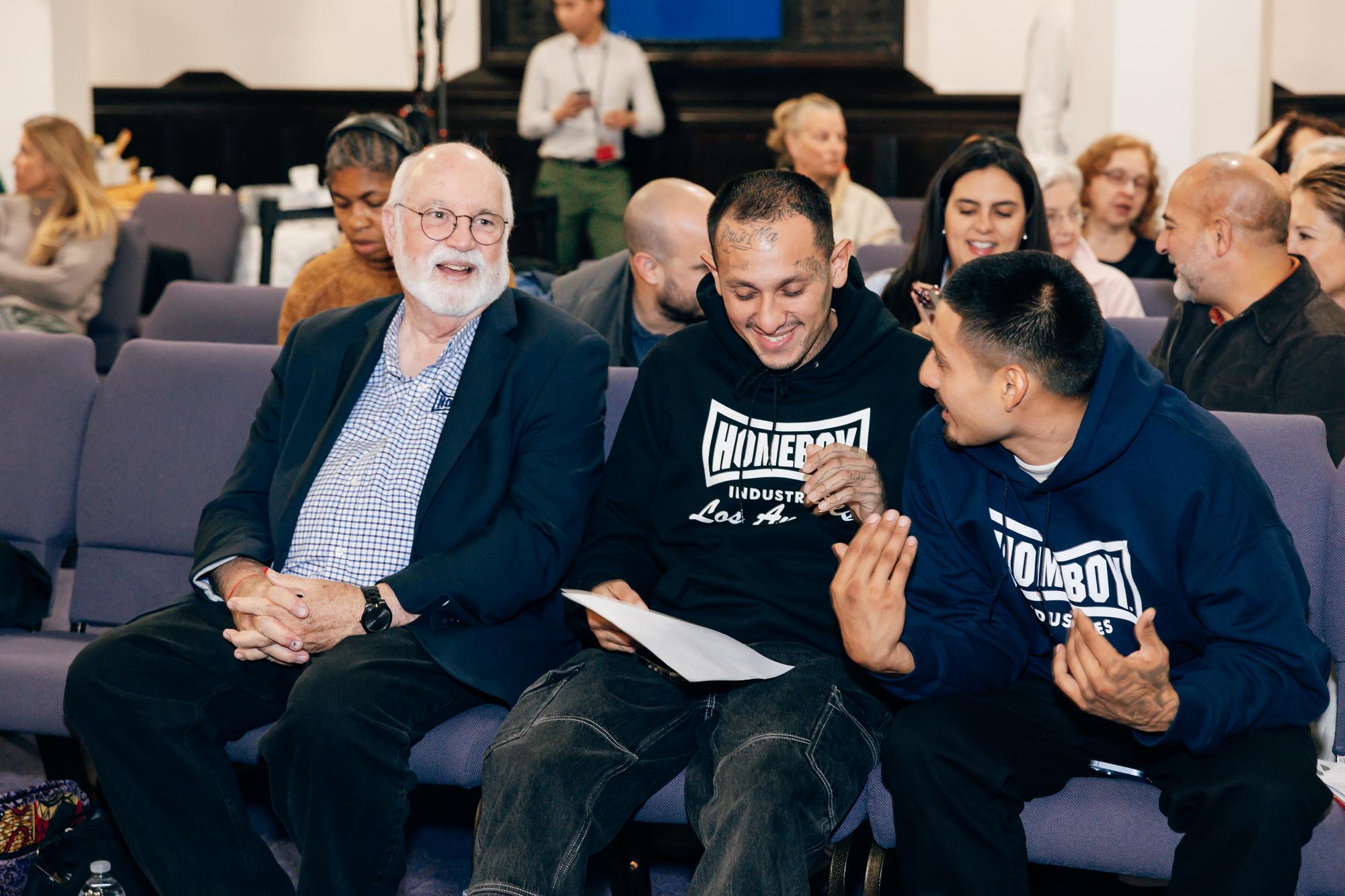 Pictured: Andrea Campbell, Father Greg Boyle, Petrina martin cherry, Rev. Dr. Ray Hammond, Rev. Dr. Gloria White Hammond, Govanny Abril, David Herrera