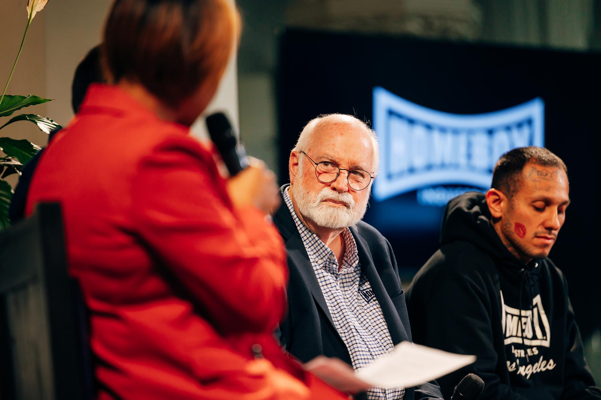 Pictured: Andrea Campbell, Father Greg Boyle, Petrina martin cherry, Rev. Dr. Ray Hammond, Rev. Dr. Gloria White Hammond, Govanny Abril, David Herrera