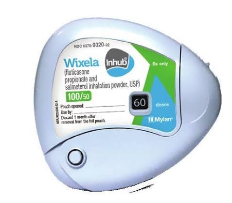 Photo of a Wixela Inhub Diskus inhaler device: light blue disk with light blue lever