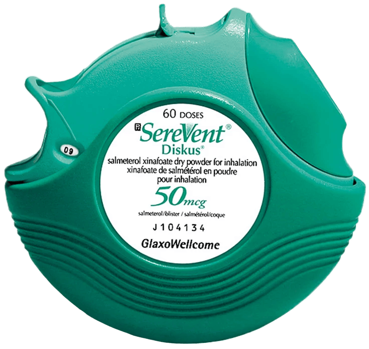 Photo of a SereVent Diskus inhaler device: green disk with green lever