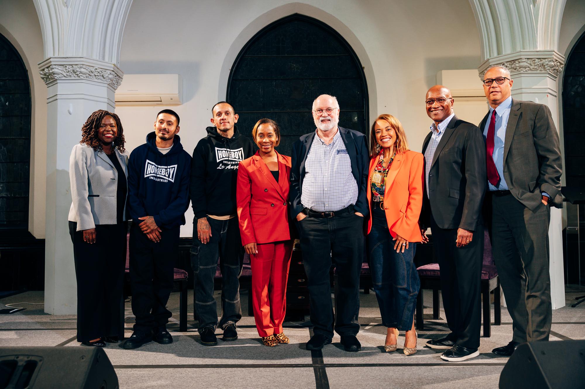 Pictured: Andrea Campbell, Father Greg Boyle, Petrina martin cherry, Rev. Dr. Ray Hammond, Rev. Dr. Gloria White Hammond, Govanny Abril, David Herrera