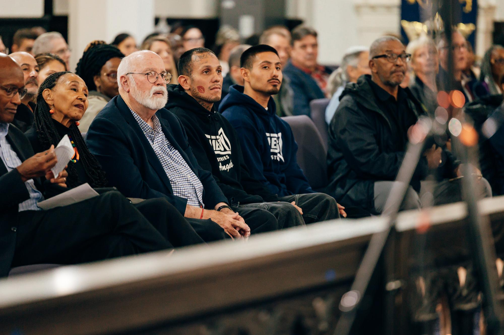 Pictured: Andrea Campbell, Father Greg Boyle, Petrina martin cherry, Rev. Dr. Ray Hammond, Rev. Dr. Gloria White Hammond, Govanny Abril, David Herrera