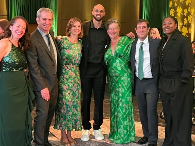 Group photo: BMC Curbside Care Director Alice Cruikshank, BMC President Tony Hollenberg, BMC Director of Midwifery Services Rosha Forman, Boston Celtics player Derrick White, BMC Chief Development Officer Susie Posner-Jones, BMC Senior Director of Corporate and Foundation Relations David Shimkus, and Boston Celtics Senior Director of Community Engagement Kash Cannon at the Boston Celtics Shamrock Foundation’s October 2026 gala