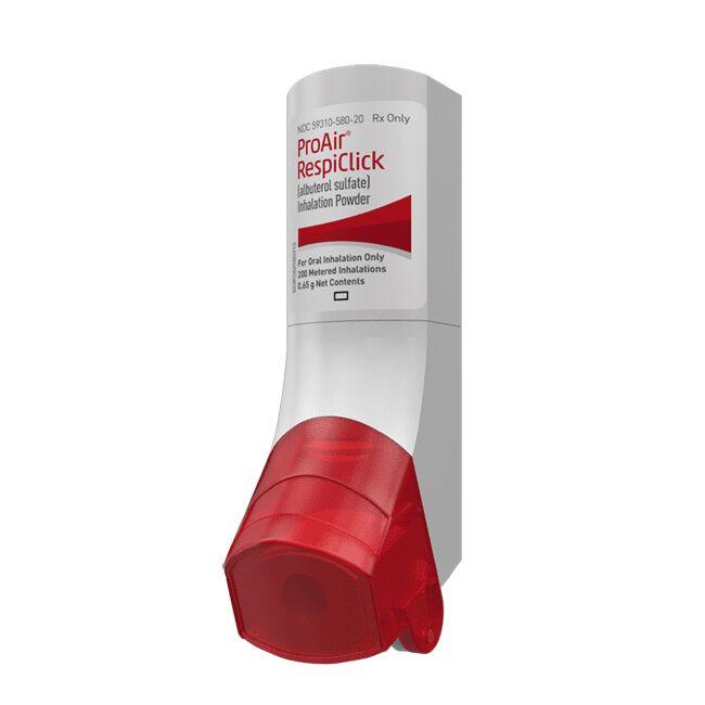 Photo of a ProAir RespiClick (albuterol sulfate) Inhalation Powder inhaler (white inhaler with red cap)