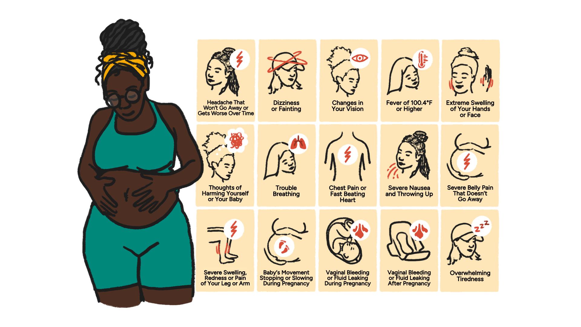 Illustration by Cheyenne Varner showing a pregnant person looking down at their hands on their belly, next to a grid with small illustrations displaying 15 different signs to watch out for during pregnancy (text in English)