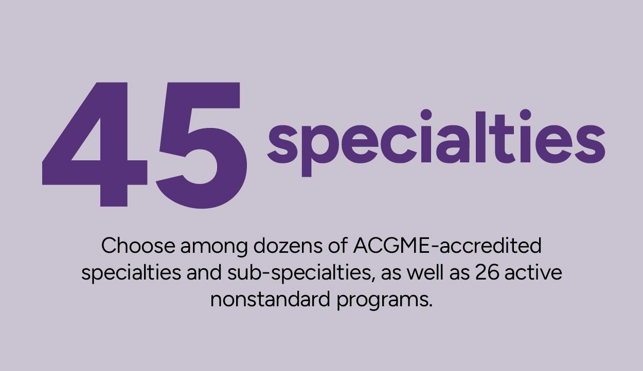 45 specialties Choose among dozens of ACGME-accredited specialities andsub-specialties, as well as 26 active nonstandard programs