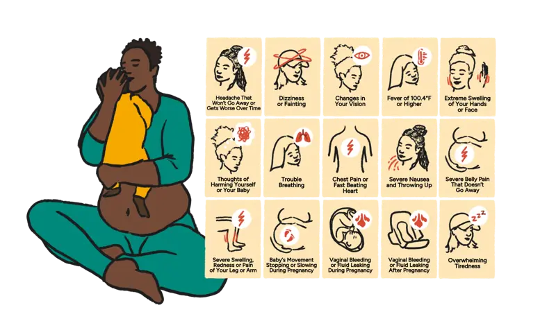 Illustration by Cheyenne Varner showing a mother holding an infant next to a grid with small illustrations displaying 15 different signs to watch out for after giving birth (text in English)
