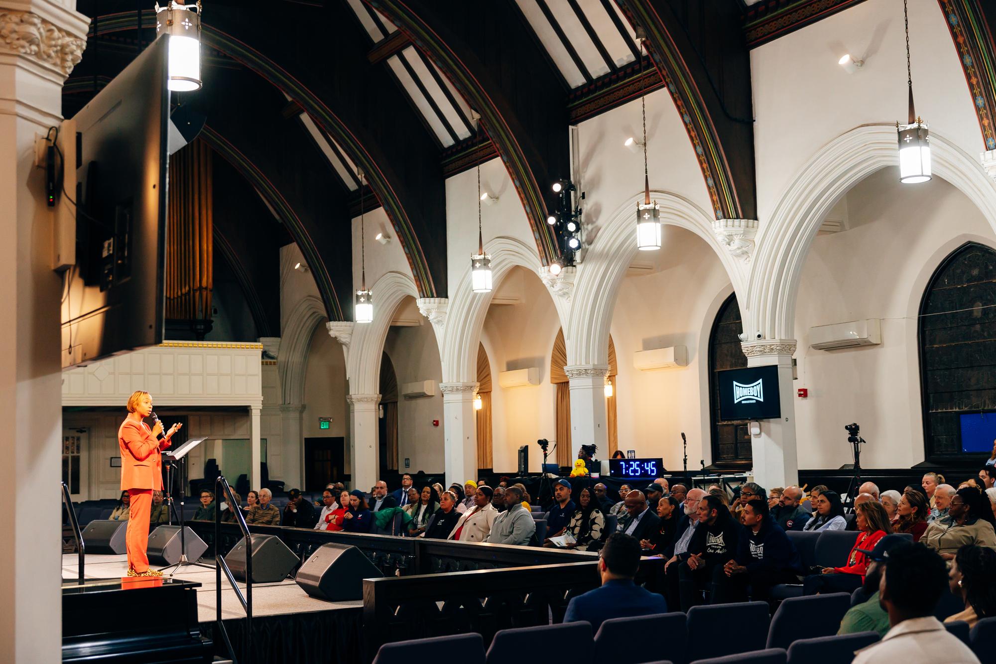 Pictured: Andrea Campbell, Father Greg Boyle, Petrina martin cherry, Rev. Dr. Ray Hammond, Rev. Dr. Gloria White Hammond, Govanny Abril, David Herrera